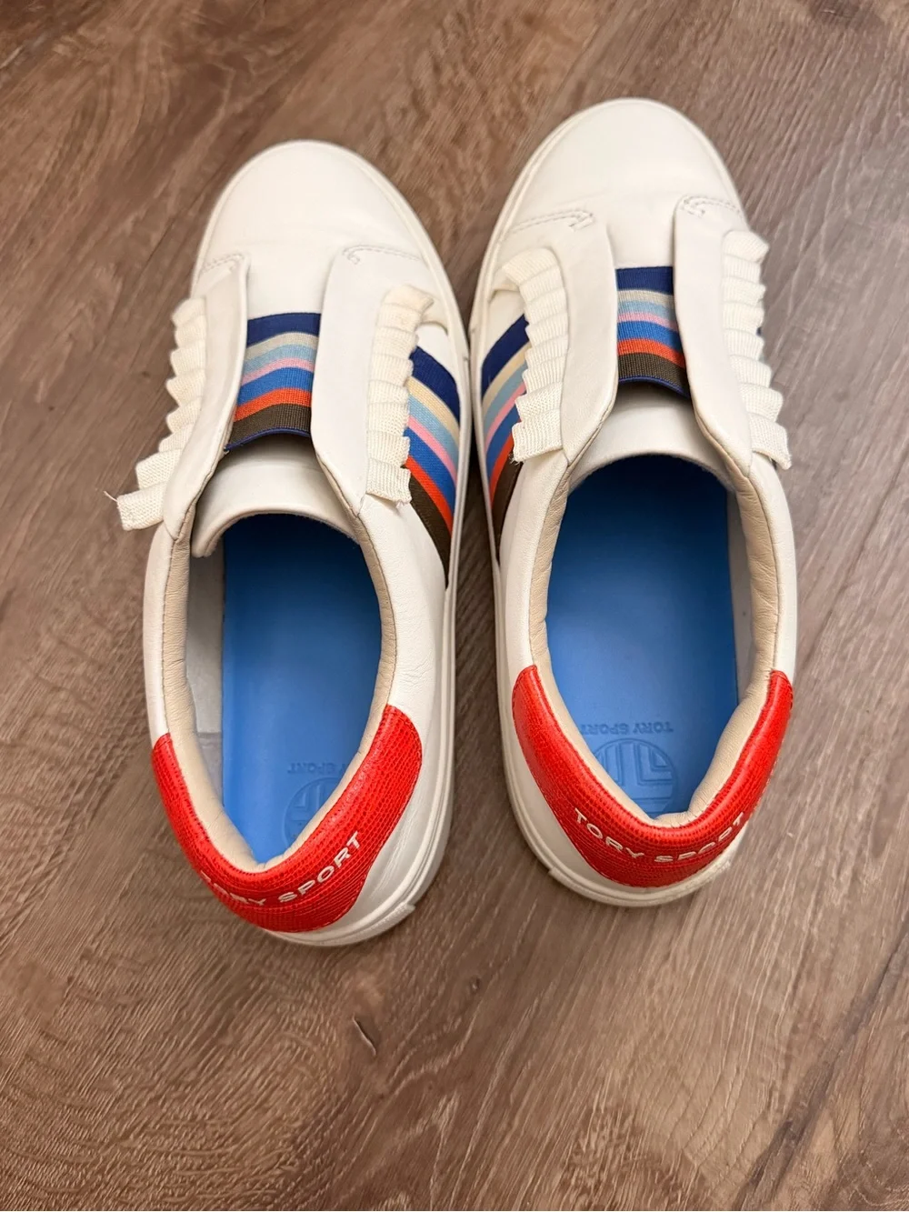 Tory Burch White Leather Slip-On Sneakers with Multicolor Stripe Detail